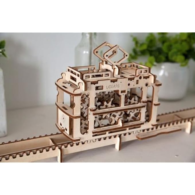 MADE IN EUROPE, 3D WOODEN PUZZLE TRAM WITH RAILS, MECHANICAL MODEL KIT WITH 154 PARTS, DIY, SELF-ASSEMBLY, WOODCRAFT CONSTRUCTION TOY, PERFECT FOR GIFTING, NO GLUE NEEDED, BROWN, UGR-70008 - Image 2